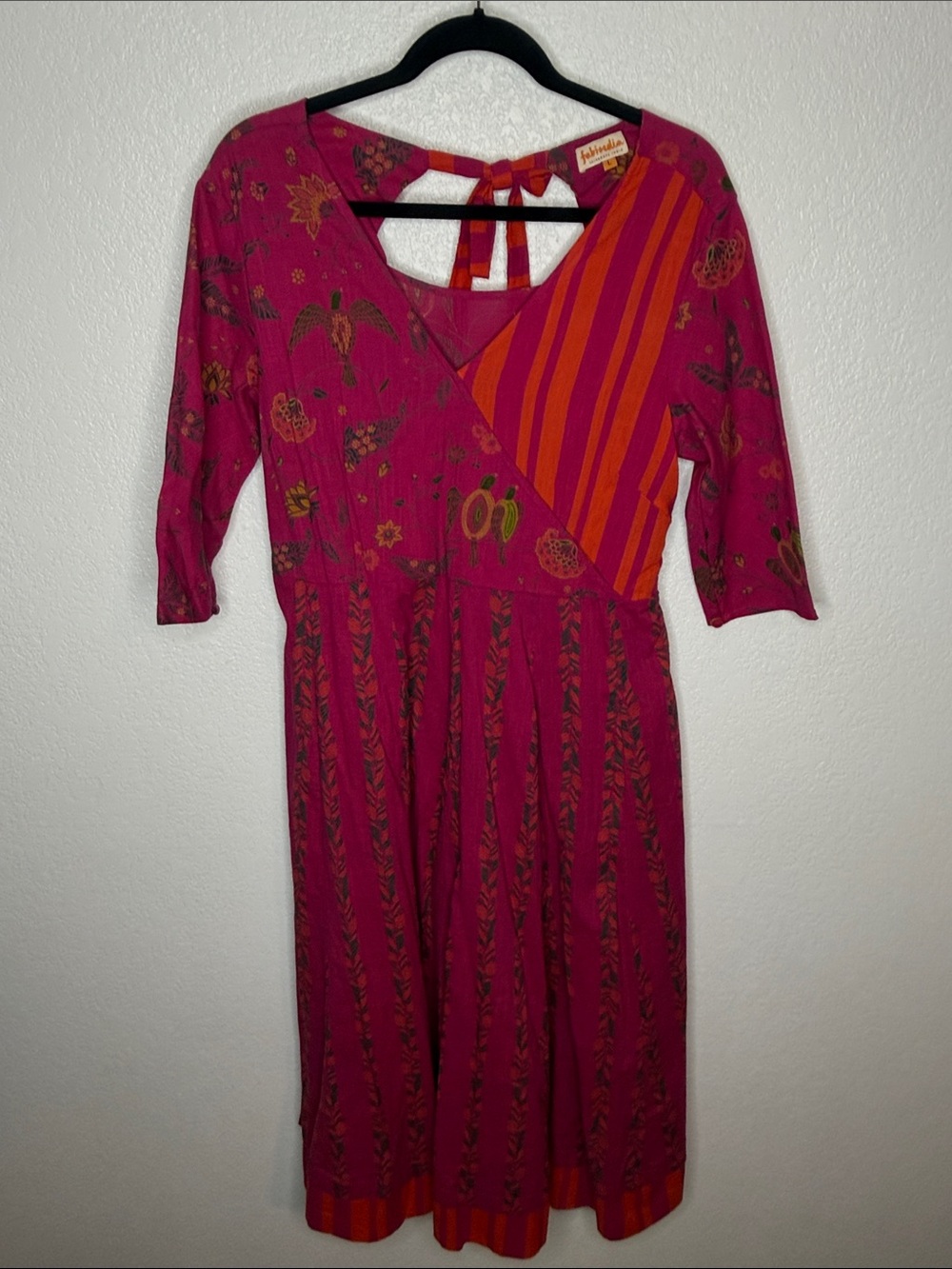 Fabindia Pink & Orange Cotton Mixed Print Midi Dress Keyhole Back Size Large